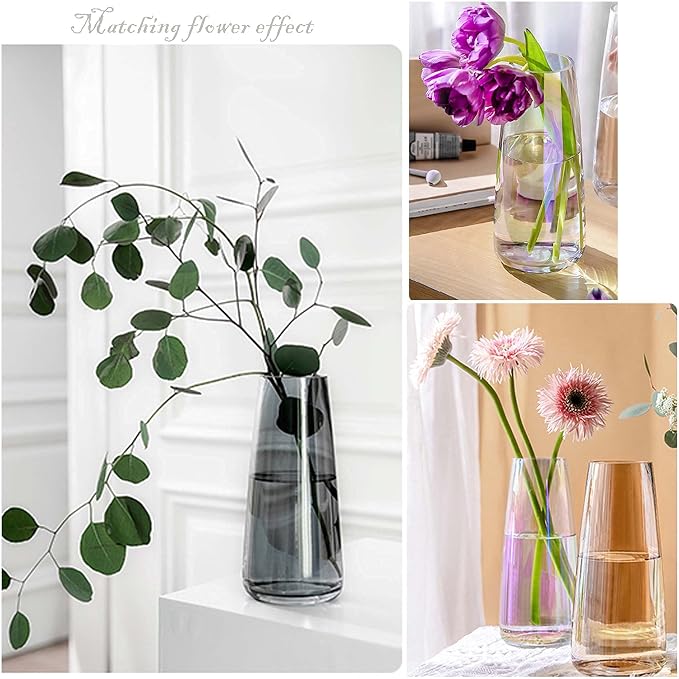 FANTESTICRYAN Modern Glass Vase, 8.7''H Decor Flower Vases, Crystal Grey | Crystal Black Colored Vase Fresh/Faux Floral Vases, For Home Office Table Centerpiece Decor Housewarming Gift for Lover