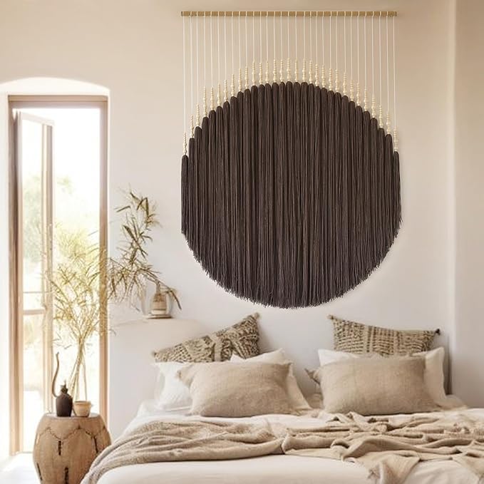 Macrame Wall Hanging Brown Geometric Art Beaded HandmadeTassel 39"W*45"L | Boho Wall Art, Handmade Wall Hanging, Modern Decor, Dorm Room Style, Living Room Accent, Office Decoration, Round Wall Art