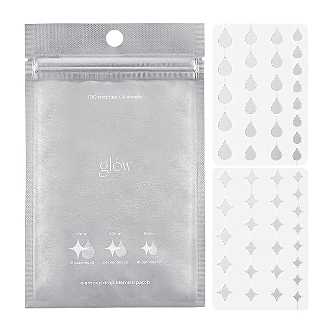 glow diamond drop blemish patch | protects blemishes from water & external contaminants | holographic hydrocolloid spot‑repair patches | niacinamide | clear invisible finish | 100 ea