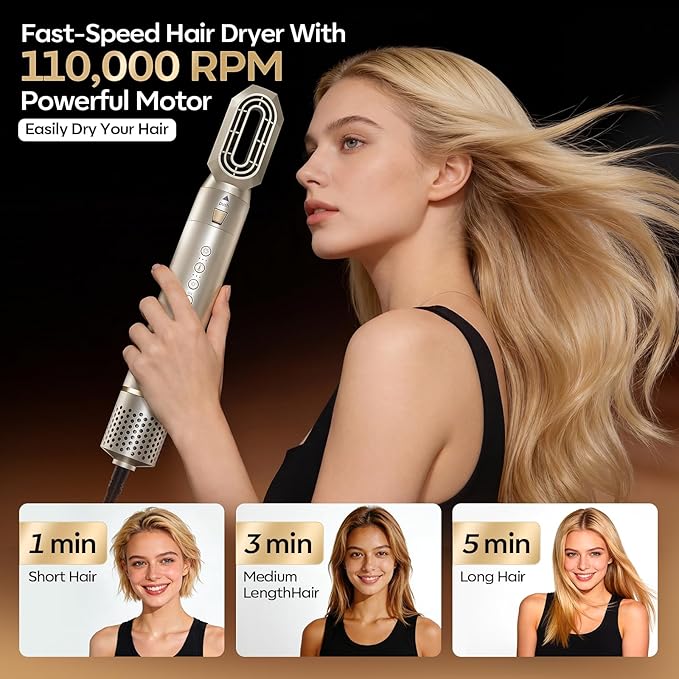 Lavomist 8-in-1 Dual Voltage Hot Air Styler & Hair Dryer Brush for Fast Drying, Frizz-Free Styling, with Straightener & Curler, 110,000 RPM, Includes Travel Bag