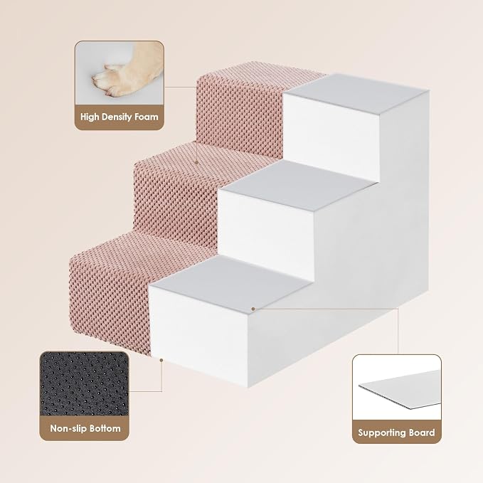 EHEYCIGA Dog Stairs for Small Dogs 13.5" H, 3-Step Extra Wide Dog Steps for Couch Sofa and Chair, Pet Steps for Medium Cats, Non-Slip Balanced Pet Ramp Indoor, Pink