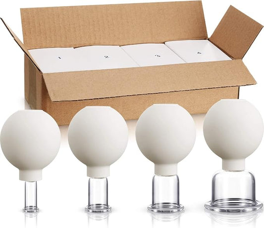 BBTO 4 Pieces Glass Cupping Set Glass Silicone Cupping Cups Massage Vacuum Suction Cupping Cups for Body Face Leg Arm Back Shoulder Muscle and Joint Pain (White)