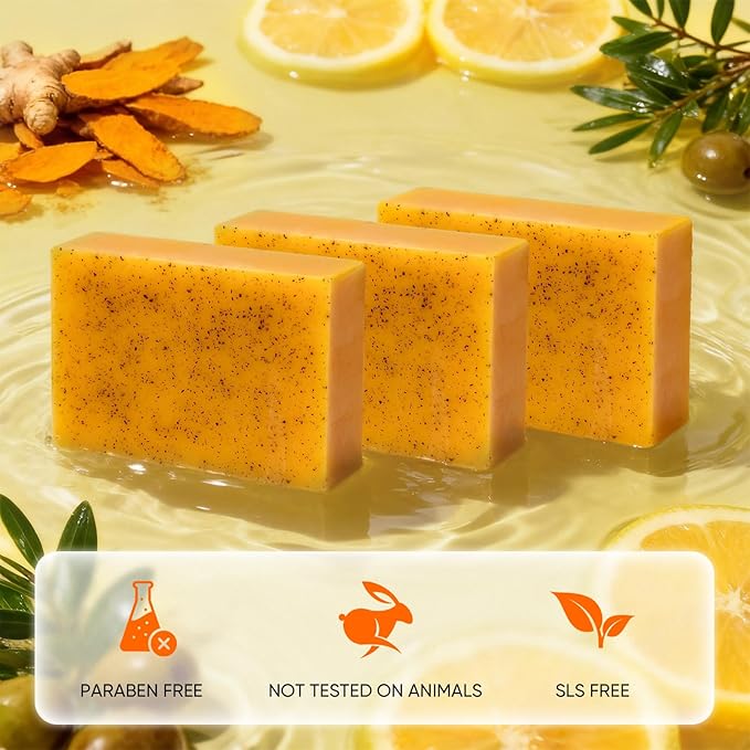 3 Packs Turmeric Soap Bar for Face & Body Cleanser, Organic Lemon Turmeric Soap with Vitamin C, Gentle Handmade Formula for Smoothing & Moisturizing Skin, Suitable for All Skin Types - 10.59 oz