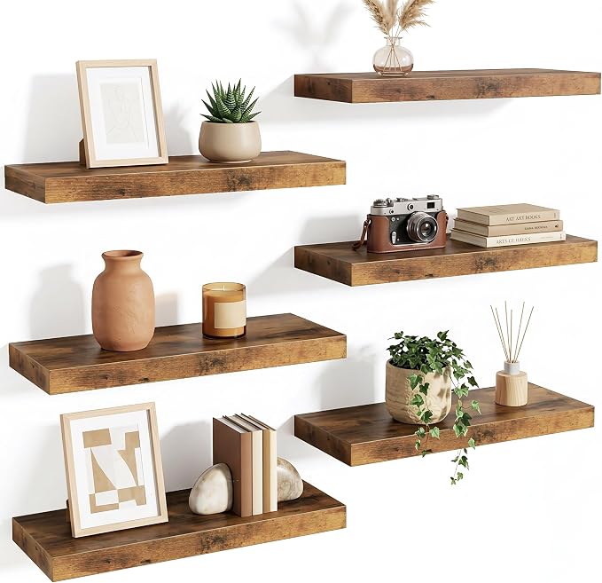 Fixwal Floating Wall Shelves for Decor (Rustic Brown, Set of 6, 15.7 Inch) | MDF Shelves with Metal Brackets, Space Saving for Books, Decor, Works in Bathroom, Kitchen, Living Room, Bedroom