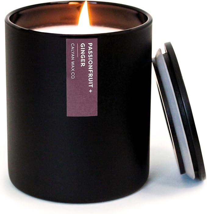 Calyan Wax Co. Passionfruit & Ginger Scented Candle - 75 Hour Burn - Luxury Clean Soy Wax Candles - Long Lasting Black Tumbler Jar Candle for Home - 10.2oz