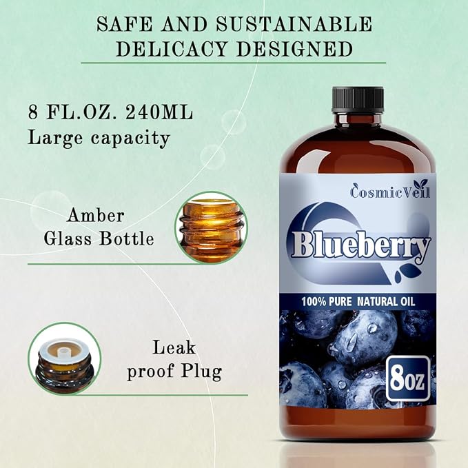Blueberry Essential Oil for Aroma Diffuser,Humidifier,Home Fragrance,Cleaning,Body Care,Massage,Yoga,DIY Candle,DIY Soap CosmicVeil（Blueberry，8 Fl Oz (Pack of 1)）