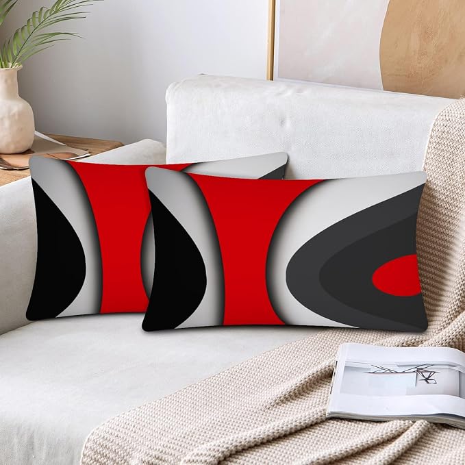 Modern Art Geometric Pillow Cover, Decorative Throw Pillow Covers Black Red Abstract Artwork Cushion Cover for Bedroom Sofa Living Room 12 x 20 Inch Set of 2