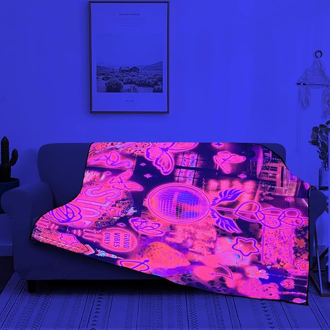 Blacklight Pink Collage Throw Blankets UV Reactive Aesthetic Throw Blanket Glow in the Dark Under Black Lights Game Room Decor Soft Throw Gifts 59x51 Inches
