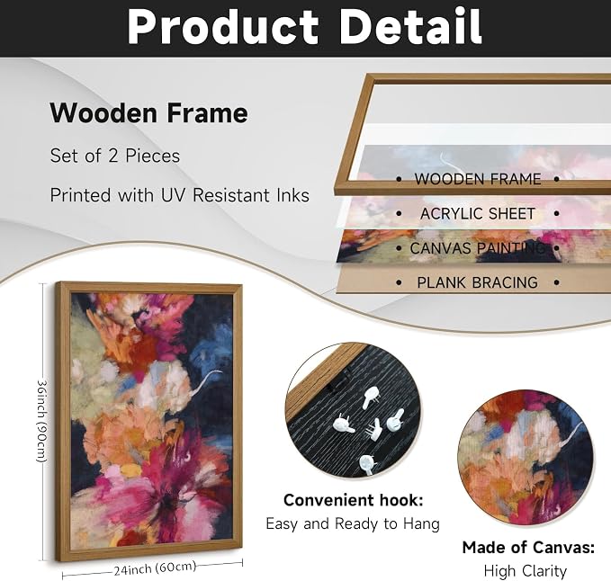 Colorful Abstract Wall Art Decor Modern Flower Canvas Wall Art Abstract Flower Pictures Painting Modern Colorful Artwork Posters Abstract Prints for Living Room Bedroom 24x36 Inch Framed Set of 2