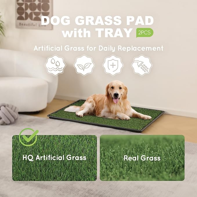 HQ4US 4LEGS Dog Grass Pad with Tray, Dog Litter Box with Artificial Grass | Medium Grass Pee Pads for Indoor Dogs Potty Tray with Grate, Turf Grass Hemmed Edge, Realistic, Less Stink Toilet for Balcony