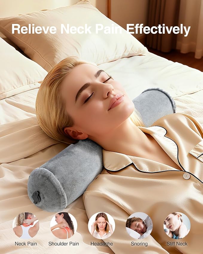 Luxtude Inflatable Neck Roll Pillow for Sleeping, Travel Cervical Pillow for Neck Pain Relief, Cylinder Support Pillows Round Bolster Pillows for Bed, Lumbar Roll, Legs, Back and Yoga (Grey-3.9in)
