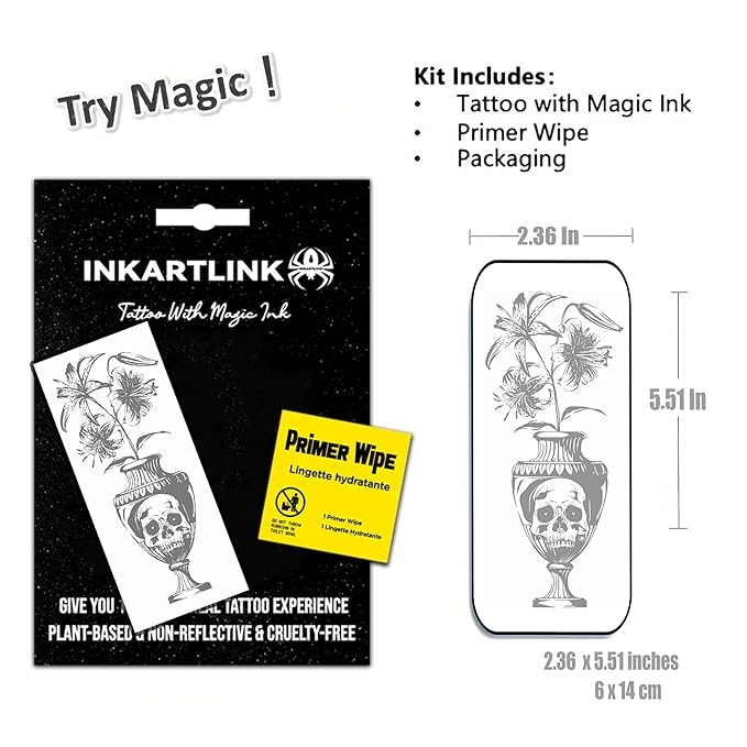 INKARTLINK Semi Permanent Tattoo, Temporary Tattoo, Beautiful and Realistic Design, Fun Tattoo Experience, Cruelty-free, Non-reflective, Waterproof (Skull Vase)