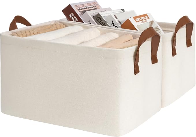CHICVITA Fabric Storage Bins for Shelves, Metal Frame, 2-Pack, Beige | 20L, 14 ¾" L x 10 ¼" W x 8 ¼" H, Collapsible Design, Towels, Toys & Books Storage, Closet & Living Room Organization