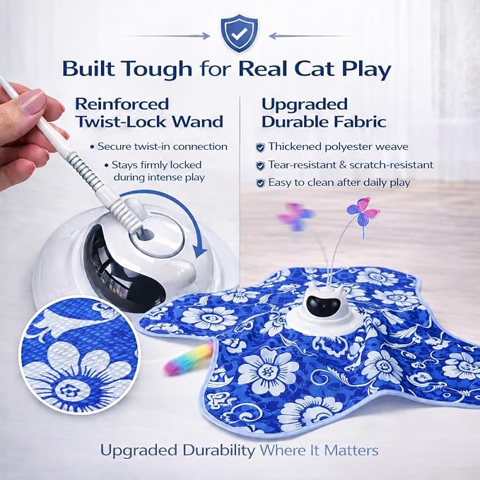 Interactive Cat Toy for Indoor Cats, Rechargeable 3-in-1 Hide and Seek Cat Toy with Spinning Butterfly & Plush Tail, Ultra-Quiet Touch Activated Self Play Cat Exercise Toy for Adult Kittens (Teal)
