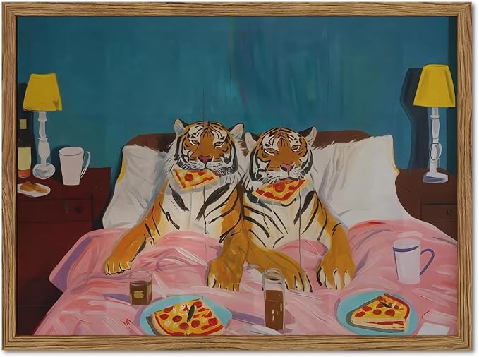 Framed Funny Tiger Wall Art, Eclectic Tigers Eating Pizza in Bed Pictures Wall Decor, Whimsical Animal Paintings Canvas Prints Humor Home Decor for Living Room Bedroom Office 16x24 inch