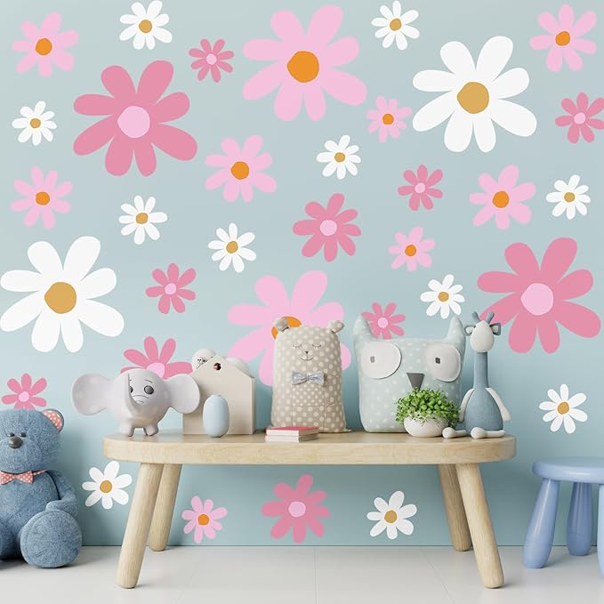 TaoBary 12 Sheet Daisy Wall Sticker Decal,Pink Color,Vibrant Style | Big Flower Wall Sticker, Pink White Floral Decal, Daisy Bedroom Room Decor, Removable Peel and Stick, Nursery Home Wall Decor