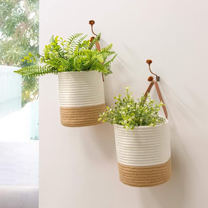 Goodpick 2 Pack Jute Rope Wall Hanging Storage Baskets for Home Decor | Boho Woven Hanging Plant Basket Decor, Decorative Basket for Home, Size 7.87×7×11.7 Inches for Wall Flower & Home Storage