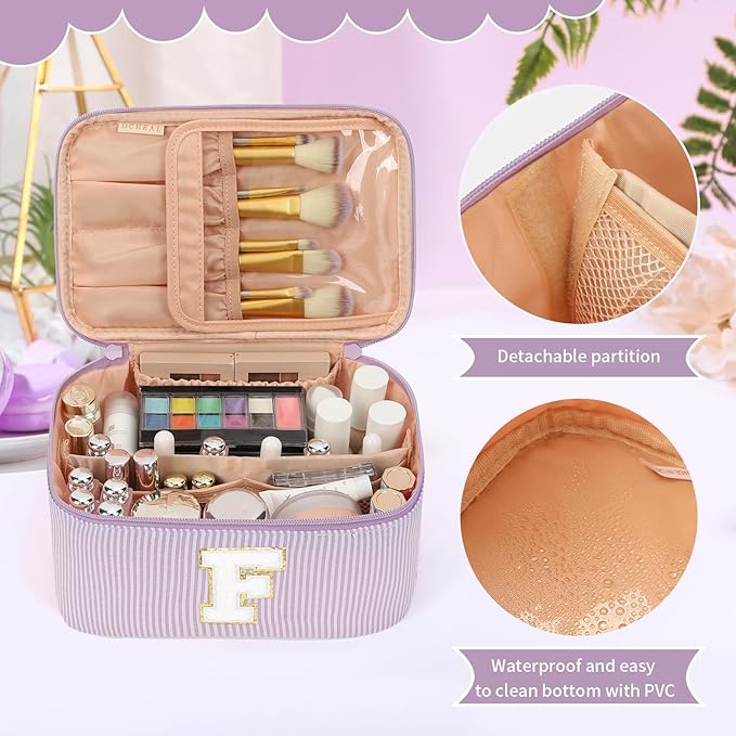 OCHEAL Makeup Bag Valentines Day Gifts for Women, Monogram Cosmetic Bag Purple Travel Makeup Case Beauty Toiletry Bag Organizer Personalized Gifts for Girls Bridesmaid, Sister, Wife, Friends Initial F