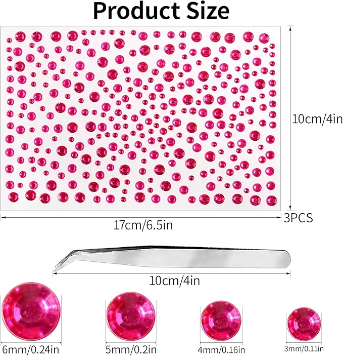 3/4/5/6MM Face Gems Pearls for Makeup Rhinestone Stickers for Crafts White Stick on Body Clear Crystal Tweezers Decals Hair Nails Craft DIY Gems for Nails Makeup Decor 975PCS(Rose Pink)