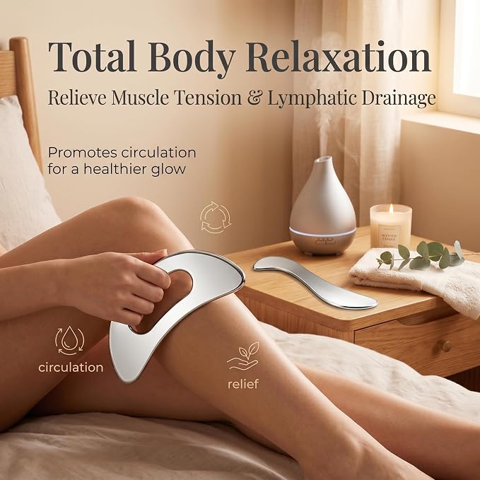 Stainless Steel Gua Sha Muscle Scraping Tool, Ergonomic Body Massage Scraper with Smooth Curved Edge, Handheld Manual Massager for Neck, Shoulders, Back, Arms and Legs, Includes Storage Pouch
