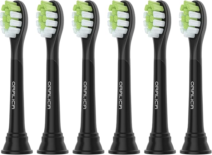 Oralica - Japanese Brand Whitening Replacement Toothbrush Heads, Compatible with Philips Sonicare Click-on Handles, 6 Pack, Medium, with Tongue Cleaner (CA668, Black)