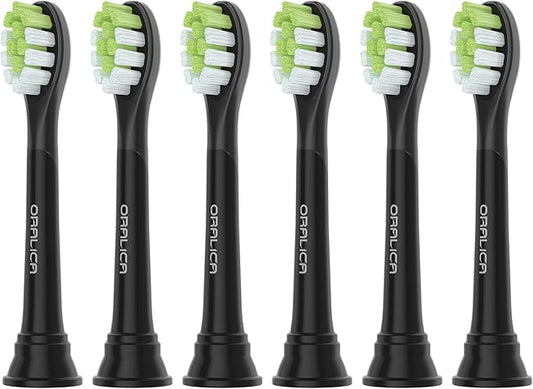 Oralica - Japanese Brand Whitening Replacement Toothbrush Heads, Compatible with Philips Sonicare Click-on Handles, 6 Pack, Medium, with Tongue Cleaner (CA668, Black)