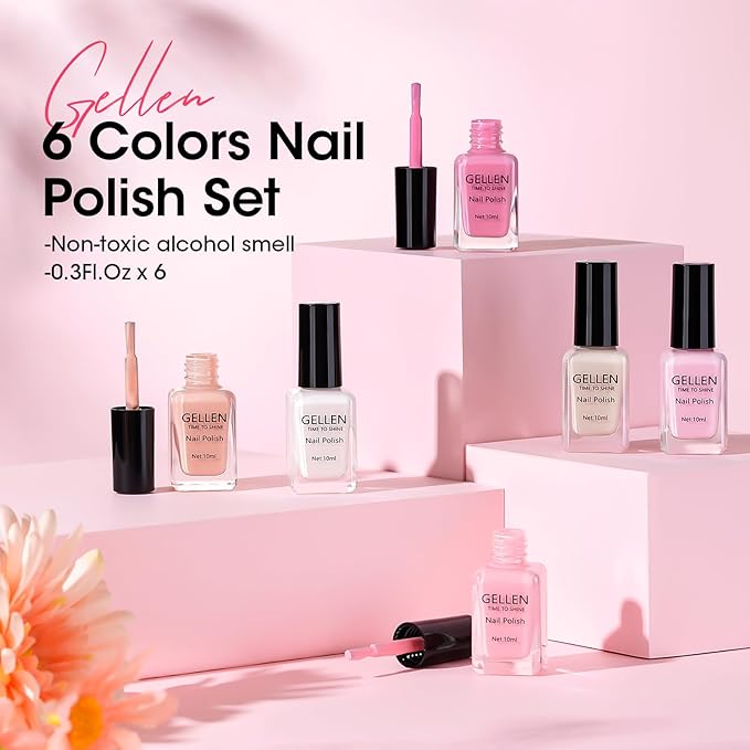 GELLEN Nude Pink French Nail Polish, Quick Air Dry Non-gel Regular Nail Polish No Light Needed for Finger Toe & Fake Nails | 6-color Spring Summer, Apply 2 Thin Coats | Toxin TPO HEMA Free, No Chip