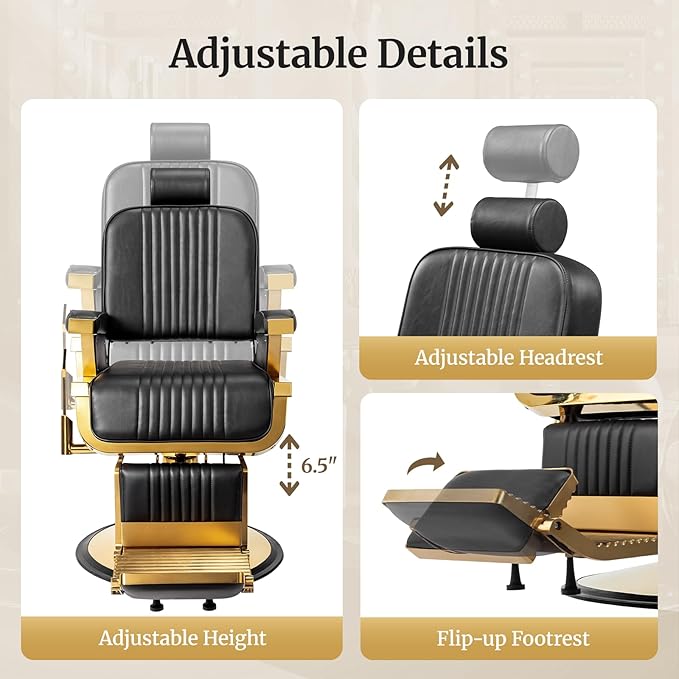 Winado Heavy Duty Vintage Barber Chair, Hydraulic Reclining Salon Chairs for Hair Stylist with Footrest & Headrest, 360° Swivel All Purpose Chair Salon Beauty Spa Shampoo Equipment, Black & Gold