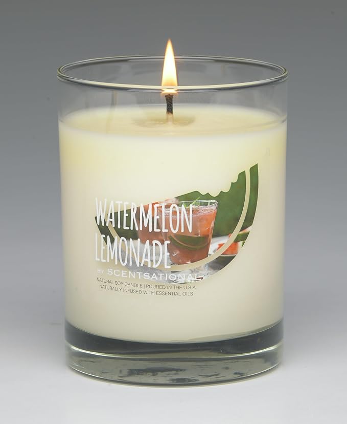 Scentsational Watermelon Lemonade Natural Candle, 11 oz Glass Jar, 50-60 Hour Burn Time, Gift Wrapped