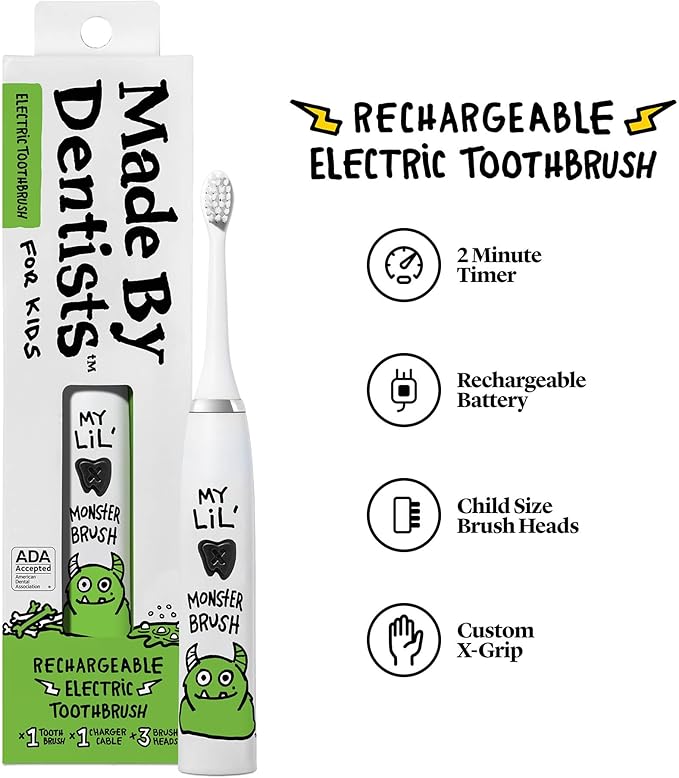 Made by Dentists Kids Electric Toothbrush - Rechargeable Vibrating Toothbrush with Timer, Includes 6 Replacement Heads, Gently Cleans Teeth, Kid & Toddlers Age 2+, Monster