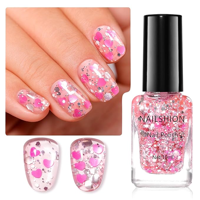 Nail Polish Hot Pink Hearts Confetti Regular Nail Polish, Quick Air Dry, Non-gel, Rich in Castor Oil, Vegan Cruelty-free Sparkle Nail Art DIY Home Travel Manicure Gift for Women Girls