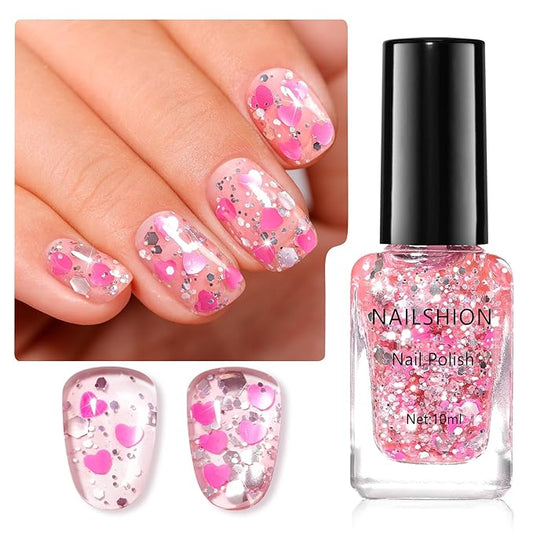 Nail Polish Hot Pink Hearts Confetti Regular Nail Polish, Quick Air Dry, Non-gel, Rich in Castor Oil, Vegan Cruelty-free Sparkle Nail Art DIY Home Travel Manicure Gift for Women Girls