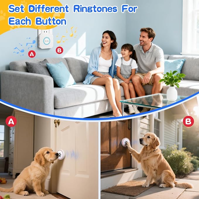 Dog Door Bell for Potty Training, IP55 Waterproof, 55 Ringtones, 0-115dB | Touch-Activated Wireless Dog Bell Helps Puppies Signal Outside, 5 Volume Levels and Waterproof Button for Indoor/Outdoor Use
