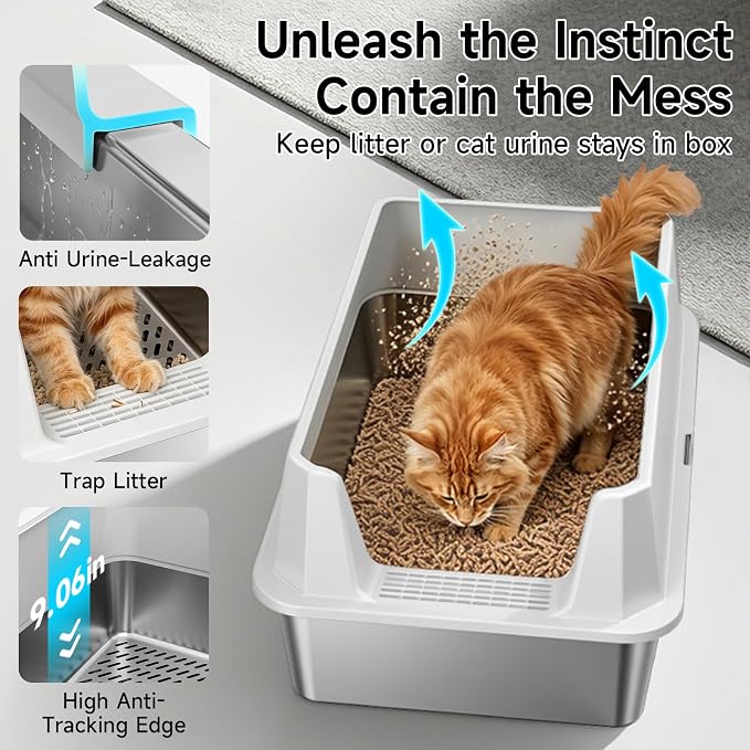 Stainless Steel Sifting Cat Litter Box for Pine Pellets, Light Gray | Sifting Design, Double Layer Mesh System, With High Sides, Non-Stick Surface, Easy Clean, for Large Cats