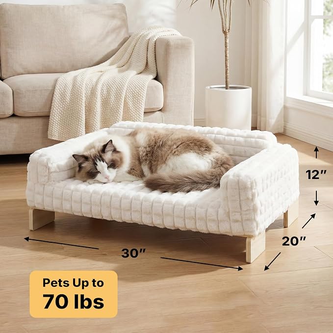 Veehoo Elevated Cat Bed Indoor, Wood Furniture Style Cat Couch Sofa | Indoor cats couch bed, removable washable cover, easy assembly, cozy fluffy cushion
