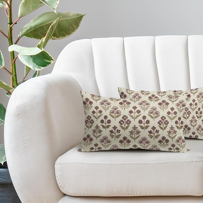 Brown Burgundy Floral Pillow Covers 12x20 Inch Set of 2, Block Print Lumbar Flower Cream Decorative Throw Pillowcases Outdoor Farmhouse Rectangle Cushion Covers Spring Summer Sofa Couch Bed Decor