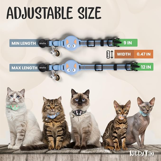 AirTag Cat Collar – Breakaway Reflective & Waterproof Collar with Built-in Holder, Adjustable with Bell for Indoor/Outdoor Cats – AirTag Not Included, Blue (9-12")