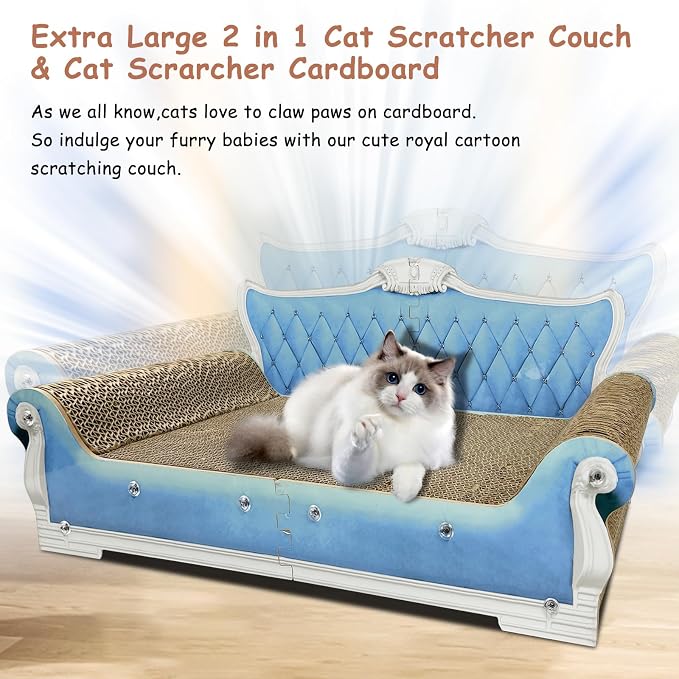 Luxury Cardboard Cat Scratcher Sofa Bed, Couch Shaped Scratching Board, Scratch Lounge with Catnip Toy, Cat Scratcher for Indoor Cats Large Blue 25.4"x12"