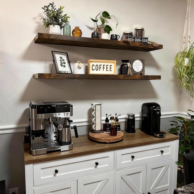 BAYKA Rustic Brown Floating Shelves 47.2in, Set of 2, Wall Mount Wood Shelf | Easy Install, 30lbs Max Load, Hidden Bracket, for Coffee Bar Book Bedroom Kitchen Office Storage Decor, Multi-Wall Compatible