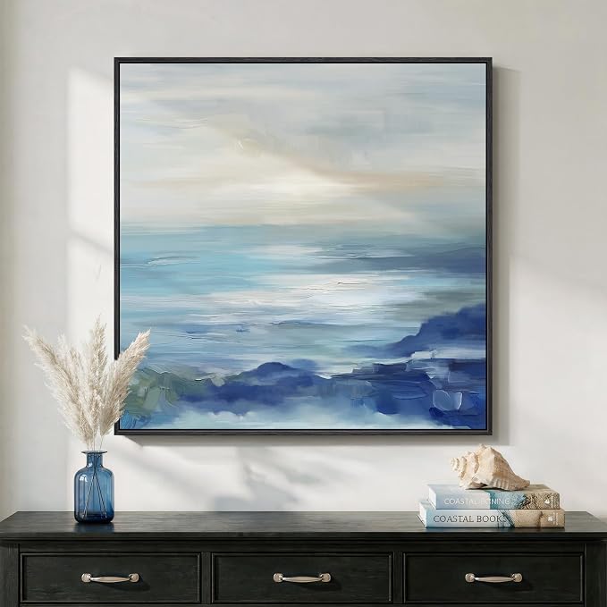 Framed Blue Abstract Wall Art Decor, Square Coastal Modern Canvas Artwork for Walls, Peaceful Abstract Seascape Ocean Painting, Wall Decor Print for Hallway Bedroom Bathroom Home Office, 24x24 Inch