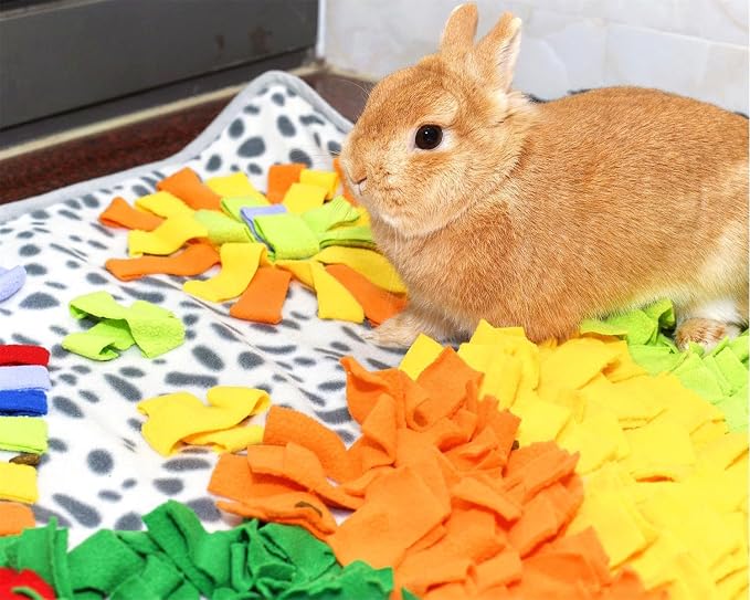 Vedem Small Animal Snuffle Mat Fleece Foraging Mats Interactive Feeding Toy Rabbit Guinea Pig Rat Hamster Anti Slip Treat Dispenser (Leopard-Rainbow)