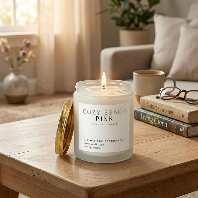 Cozy Beach Pink Scented Candles for Home - 15% Essential Oil Luxury Aromatherapy - Handmade Natural Soy Wax Candle for Women Men Relaxation - 9oz Frosted White Jar, 50H Clean & Non-Toxic Burn