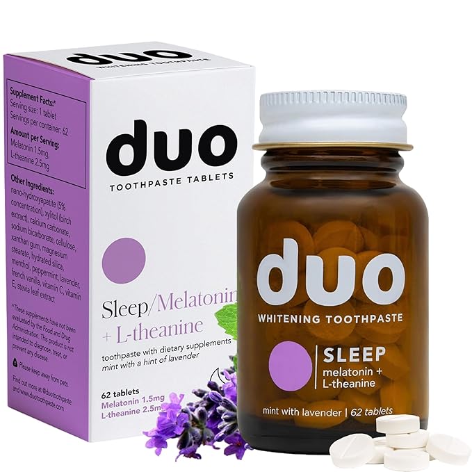 Duo Sleep Toothpaste Tablets | Melatonin w/Nano-Hydroxyapatite (nHa) - Whitening, Remineralize & Reduce Sensitivity | Sustainable & Plastic Free | Mint w/Lavender - 1 Bottle/62 Tablets