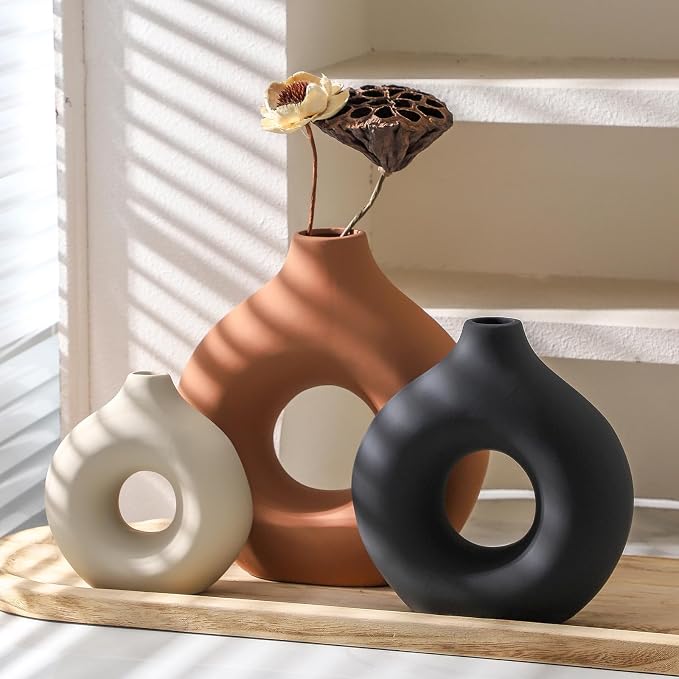 Vanselia Ceramic Vase Home Table Decor - Flower Vases Set of 3 Small Living Room Centerpiece Decorations for Shelf Bedroom Office Kitchen Dining Desk Modern Aesthetic Farmhouse Decorative (Rust)