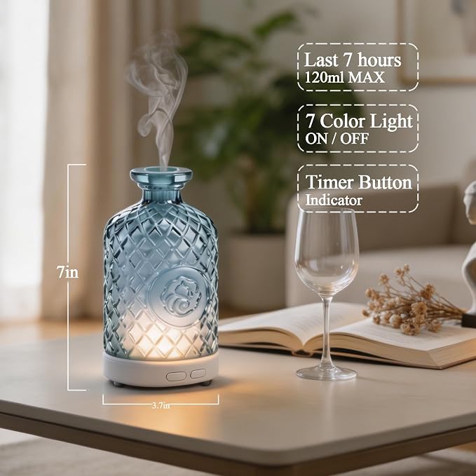 Glass Essential Oil Diffuser,100ml Aromatherapy Diffuser(Blue) | Ultrasonic Cool Mist Humidifier with 7-Color LED Lights, BPA Free, Auto Shut-Off, for Home Yoga Bedroom Office Spa
