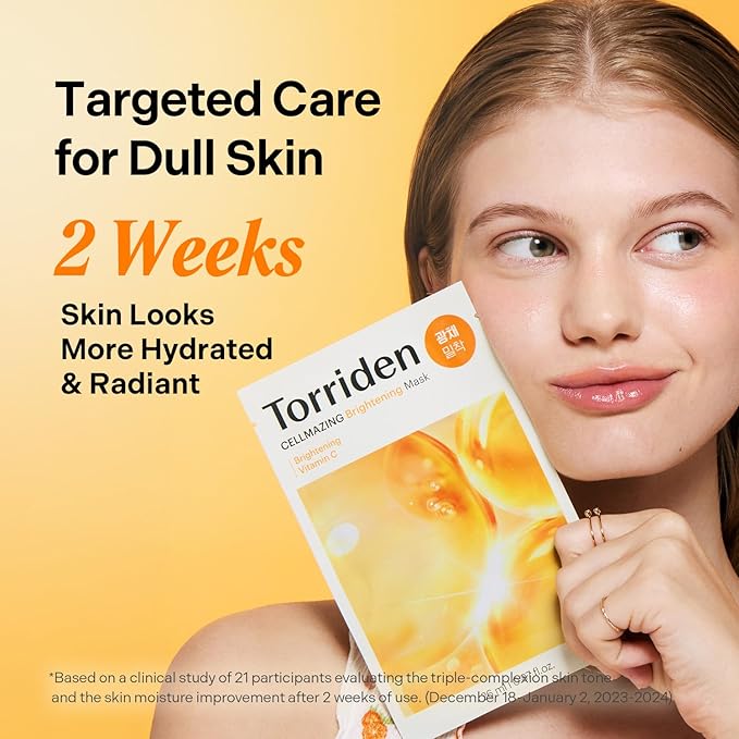 Torriden CELLMAZING Vita C Facial Mask (10 Sheets) | Radiance & Glow Boosting Korean Sheet Mask | Improving Overall Skin Tone | 5D Vitamin C + Niacinamide | Korean Face Mask