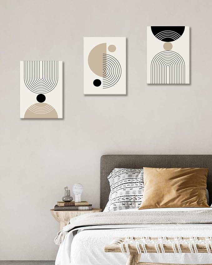 HesenDot Abstract Geometric Wall Art Set of 3, 30x40CM Minimalist Line Framed Canvas Prints, Boho Modern Neutral Beige Black Shapes Wall Decor for Living Room Bedroom Bathroom Office Home