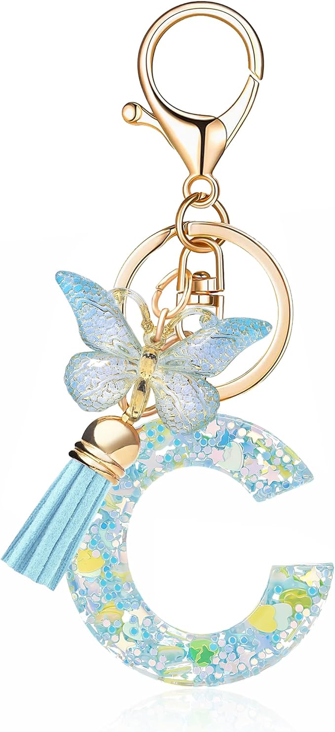 Fashion Alphabet Initial Letter Keychain Tassel Butterfly Pendant Key Ring for Purse Handbags Women Girl