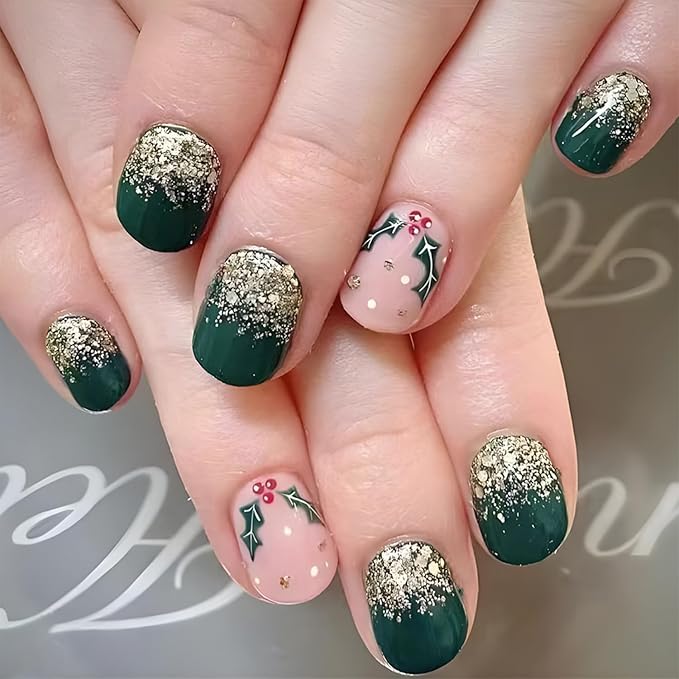 Gold Glitter Green Christmas Press on Nails Short Square Xmas False Nails Glossy Winter Christmas Glue on Nails Full Cover Acrylic Fake Nails for Women Girls