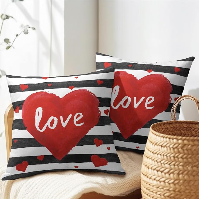 Kawani Valentine's Day Throw Pillow Covers 18x18 Inches 2Pcs Love Hearts Black Stripes Pillowcase Decorative Cotton Linen Square Cushion Cover for Wedding Anniversary Couch Bed Decor